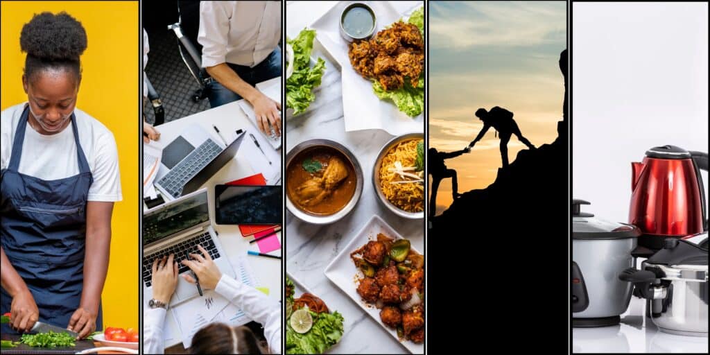 banner showing a different images, one being a cook, another of office staff, another of plated dishes, another of hiker landing out a hand and the last one show casing kitchen equipment.