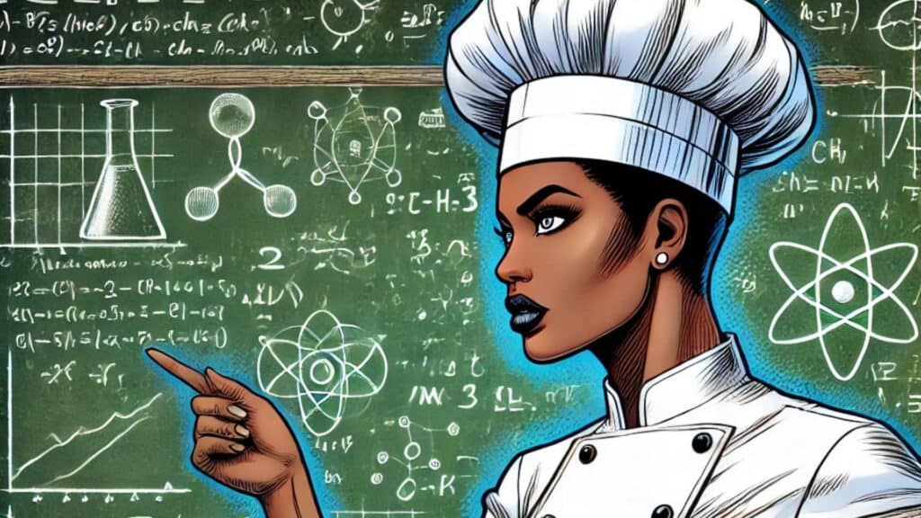 a comic book-style illustration featuring a black female chef standing confidently in front of a chalkboard filled with scientific equations.