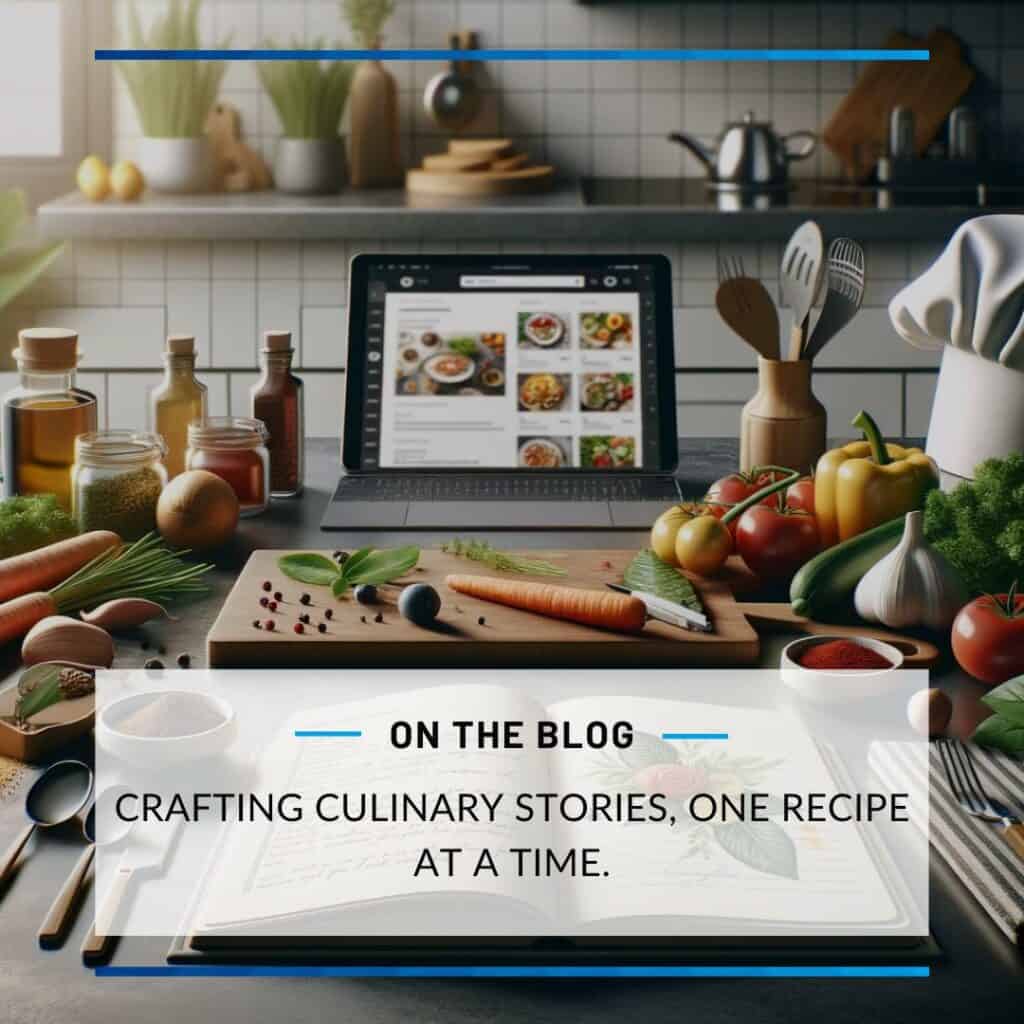 computer surrounded by a cookbook and ingredients on a counter.