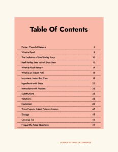 table of contents of an ebook.