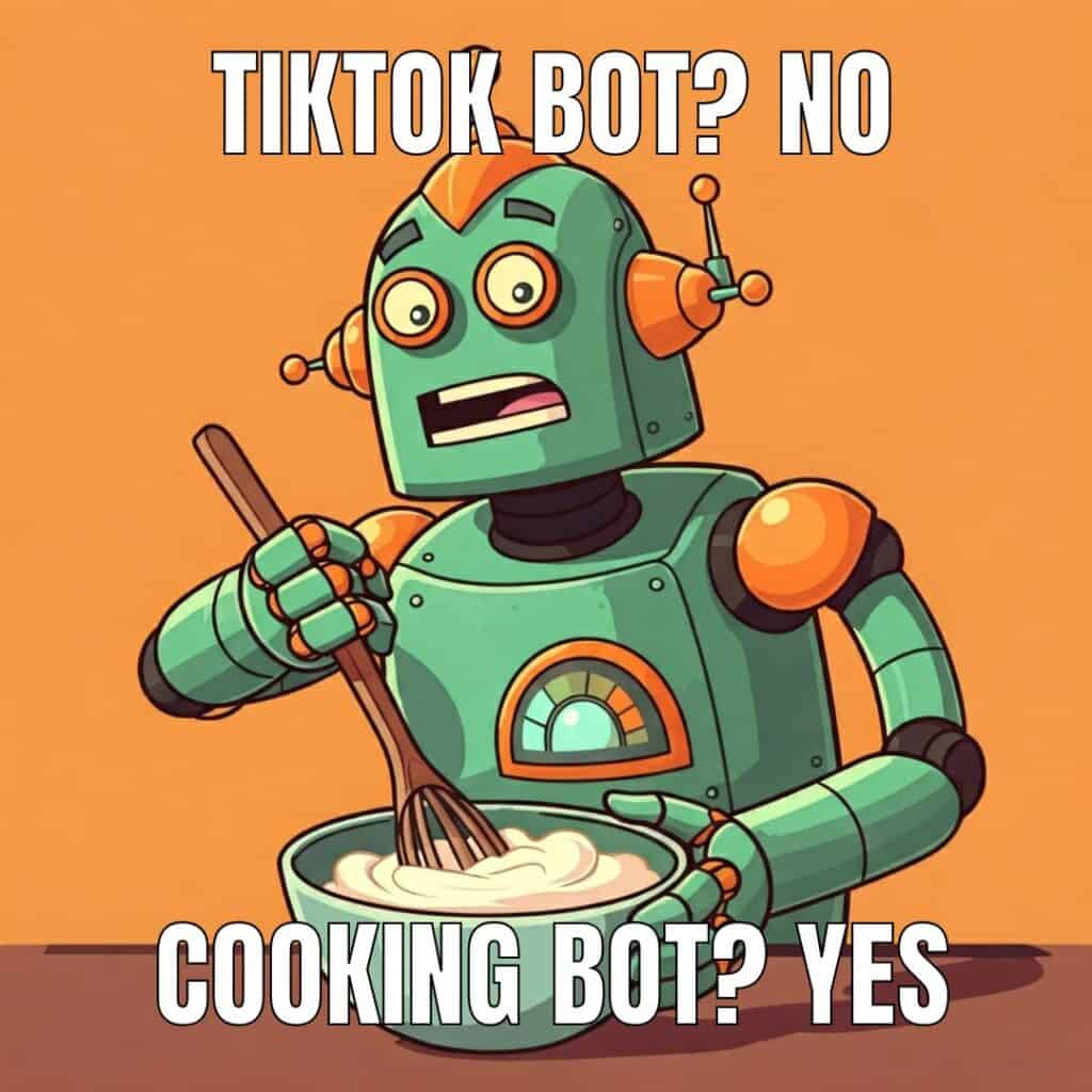 a meem showing a robot cooking with a scared look on their face while the meem reads Tiktok Bot? No. Cooking Bot? Yes.