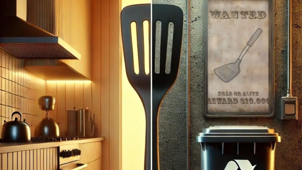 a split image showing a black spatula in a modern kitchen setting on the left and a recycling bin in an industrial facility on the right.