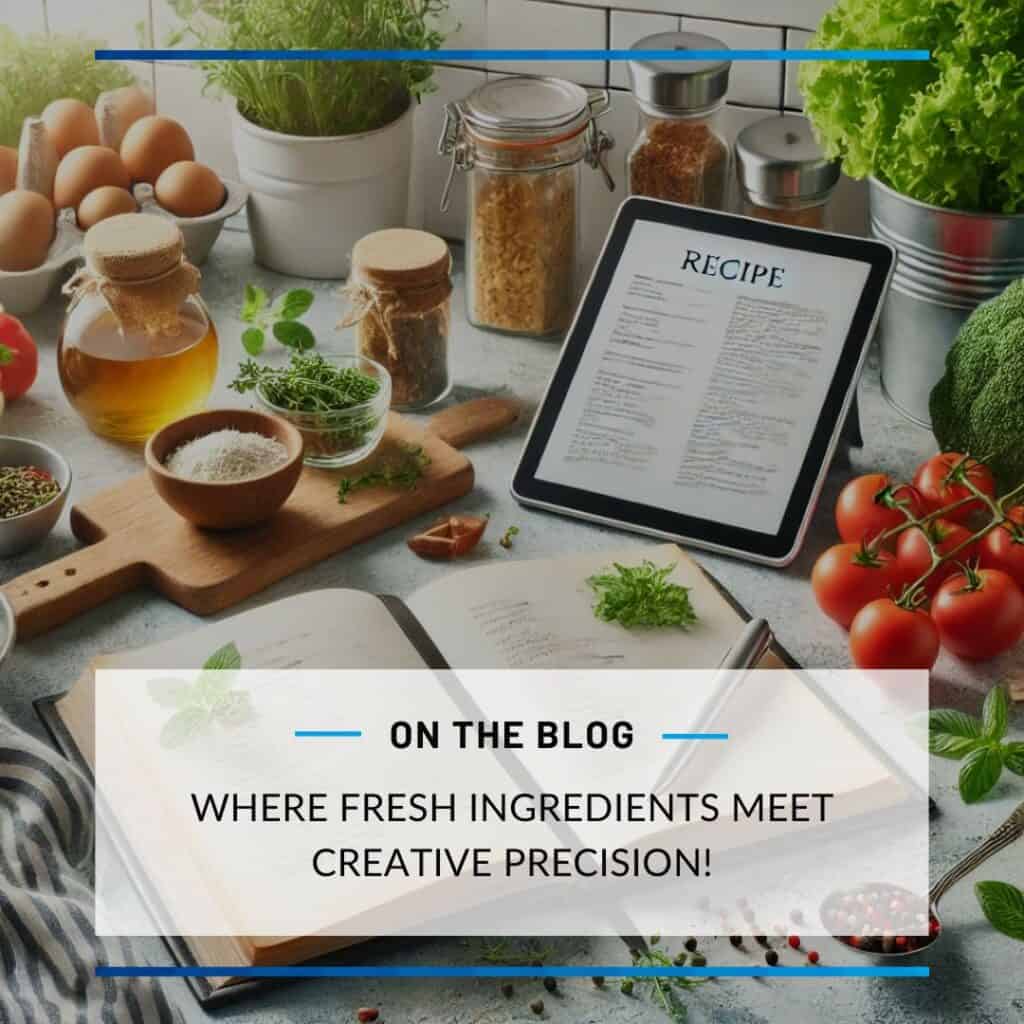 modern kitchen countertop with an open recipe book, fresh ingredients, and a tablet displaying a recipe draft.