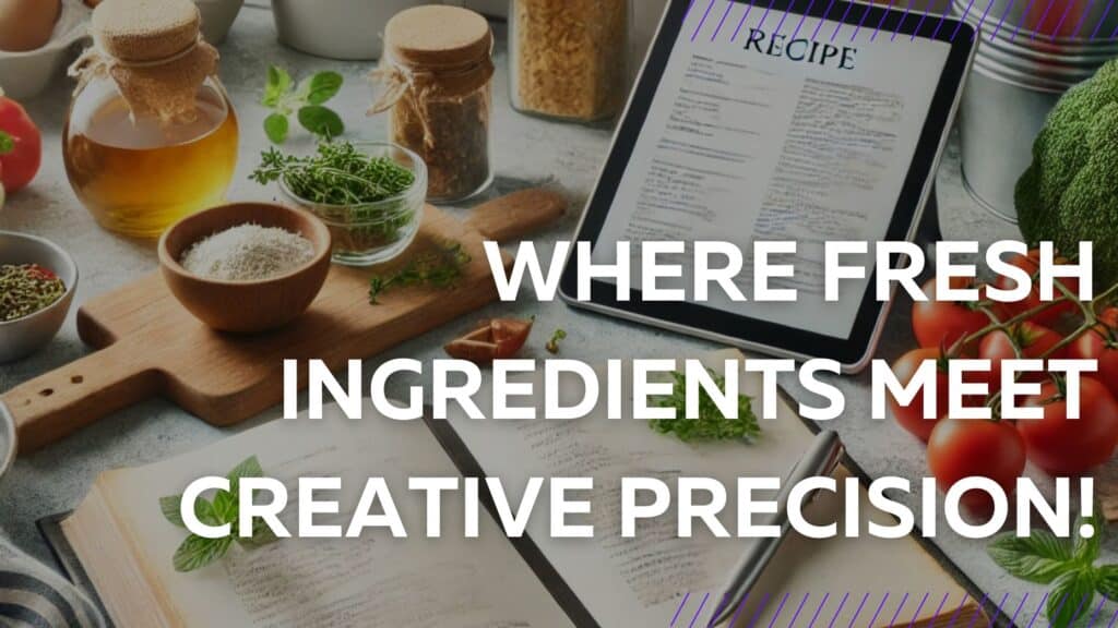 modern kitchen countertop with an open recipe book, fresh ingredients, and a tablet displaying a recipe draft